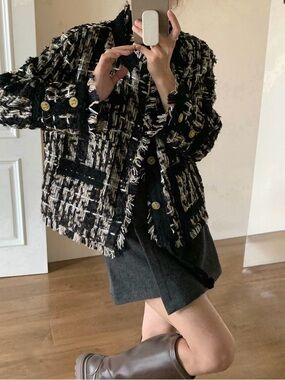 Fringed Bouclé Tweed Varsity Jacket - Black & Cream